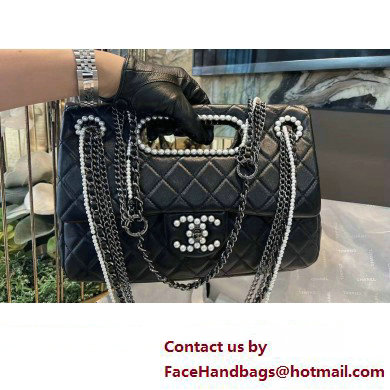 Chanel Leather Pearls  &  Silver-Tone Metal Large Flap Bag with Top Handle AS4221 Black 2023